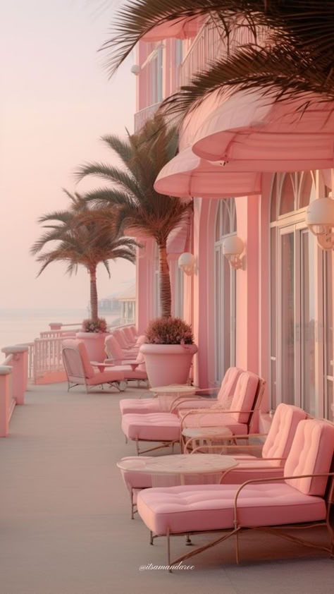 Pink Aesthetic Vacation, 80s Esthetics, Retro Barbie Aesthetic, Miami Vibes Aesthetic, Vintage Pool House, Palm Springs Aesthetic, Resort Vibes, Pink Hotel, Poolside Glamour