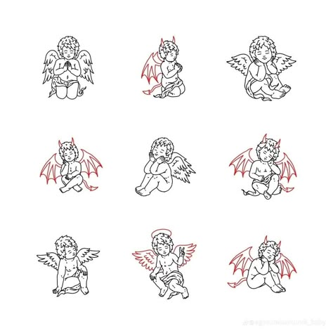 Minimalist Tattoo Angel, Devil Baby Tattoo, Baby Devil Tattoo, Devil Cherub Tattoo, Demon Angel Tattoo, Cute Devil Tattoo, Small Devil Tattoo, Simple Angel Tattoo, Angels And Demons Tattoo