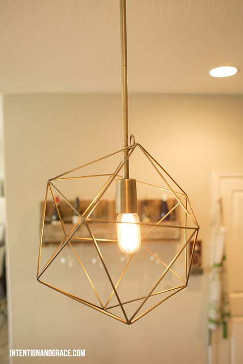 DIY Geo or geometric metal pendant Lighting for our kitchen | Intentionandgrace.com Diy Pendant Light, Geometric Pendant Light, Geometric Pendant, Baby Girl Nursery, Diy Pendant, Metal Pendant, Small Living, Kitchen Lighting, A Desk