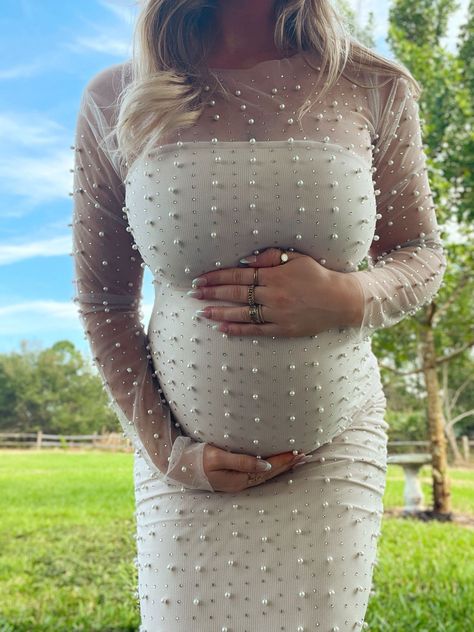 Visit the Usweetie Store curated on LTK Baby Shower Dress With Sneakers, Open Belly Maternity Dress, Sheer Pearl Dress Maternity, Baby Shower Dresses Girl, Pearl Maternity Dress, Cream Baby Shower Dress, Baby Shower Maternity Outfit, Maternity Date Night Outfit Winter, Winter Gender Reveal Outfit