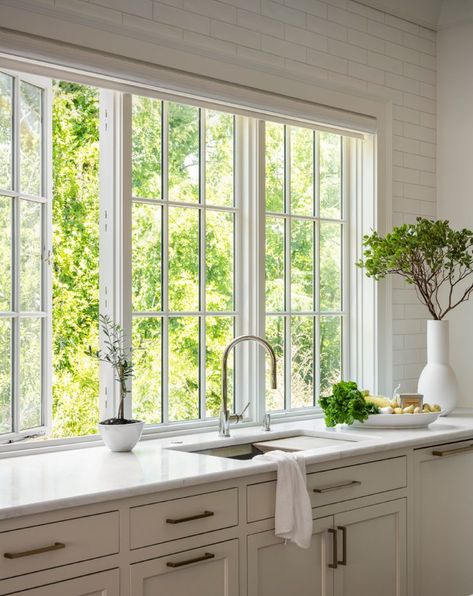 Kitchen With Windows Beside Range, Window Trim Kitchen Sink, French Windows Kitchen, Kitchen Cased Opening, Picture Window Above Kitchen Sink, Kitchen Casement Windows Over Sink, Oven Between Two Windows, Bay Window Outside View, Kitchens With Large Windows