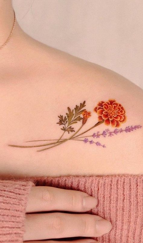 Marigold Flower Tattoo, Marigold Tattoo, Henna Ink, Amazing 3d Tattoos, Mom Tattoo Designs, Mommy Tattoos, Upper Arm Tattoos, Birth Flower Tattoos, Dad Tattoos