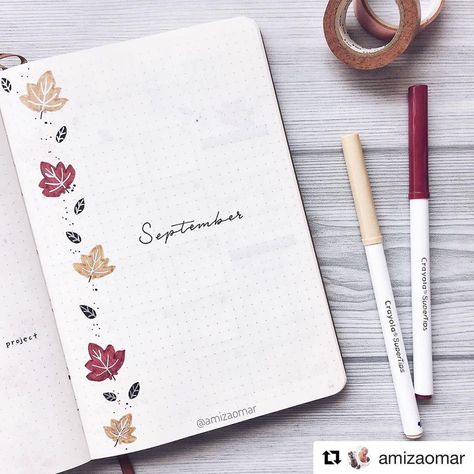 This spread by @amizaomar is so simple and seasonal🍁 ___________________________________________________ Use #bujobeauty for a chance to be… September Cover Page, Bullet Journal Designs, Bullet Journal 2020, My September, Bullet Journal Quotes, Bullet Journal Cover Page, Bullet Journal Mood, Bullet Journal Aesthetic, Bullet Journal Notebook