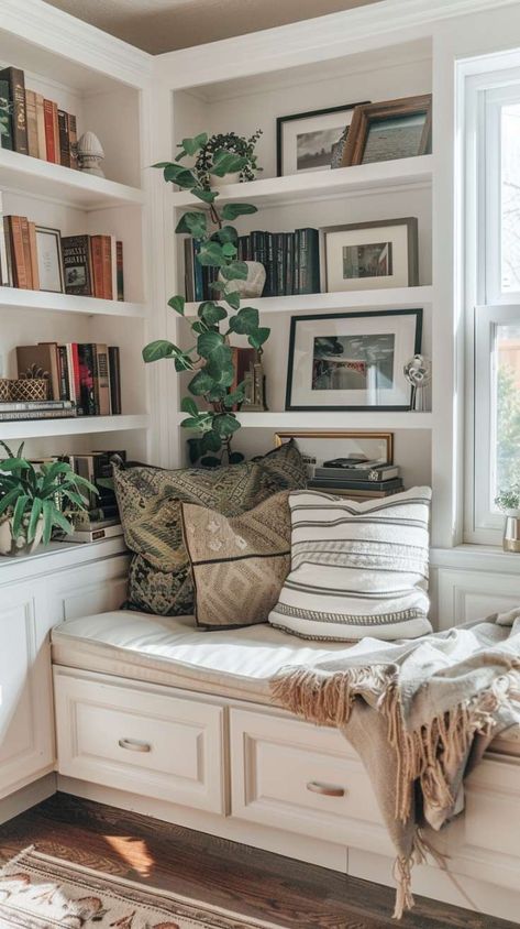 Bookshelf Ideas to Style Up and Organize Your Space Bookshelves Built Around Windows, Bookshelves Between Windows, Bookcases Under Windows, Built In Shelves Around Windows, Wrap Around Bookshelves, Bookcase Around Window, Bookshelf Around Window, Bookshelves Around Window, Bookcase Window