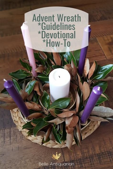 Advent Wreath and Devotional – Belle Antiquarian #adventwreath #christmas #advent Make Advent Wreath, Catholic Advent Wreath Ideas, Homemade Advent Wreath Diy, Wood Advent Wreath, Advent Candles Ideas Church, Advent Wreath Centerpiece, Advent Altar Decorations, Advent Table Centerpiece, Diy Advent Candles