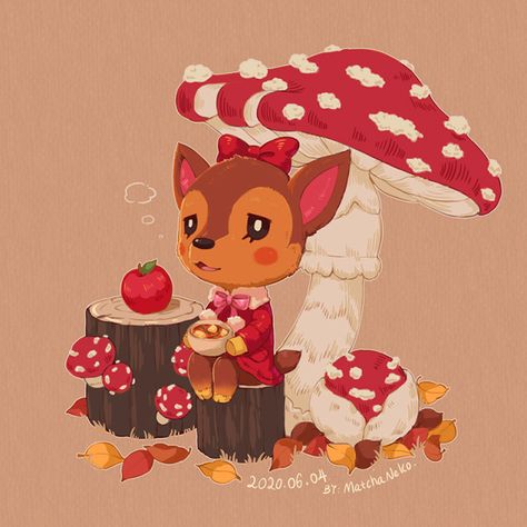 MatchaNeko — 🍁Autumn🍄Fauna🍎 Cally Animal Crossing, Acnh Wallpaper Aesthetic, Animal Crossing Aesthetic Wallpaper, Animal Crossing Mushroom, Animal Crossing Art, Acnh Fanart, Acnh Art, Mushroom Wallpaper, Animal Crossing Funny