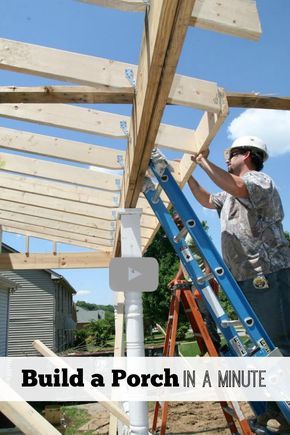 Watch our minute-long video of building a porch and get lots more info on how to build at porch at http://www.front-porch-ideas-and-more.com/how-to-build-a-porch.html Build A Porch, How To Build A Porch, Front Porch Addition, Porch Addition, Building A Porch, Porch Roof, Patio Roof, House With Porch, Building A Shed