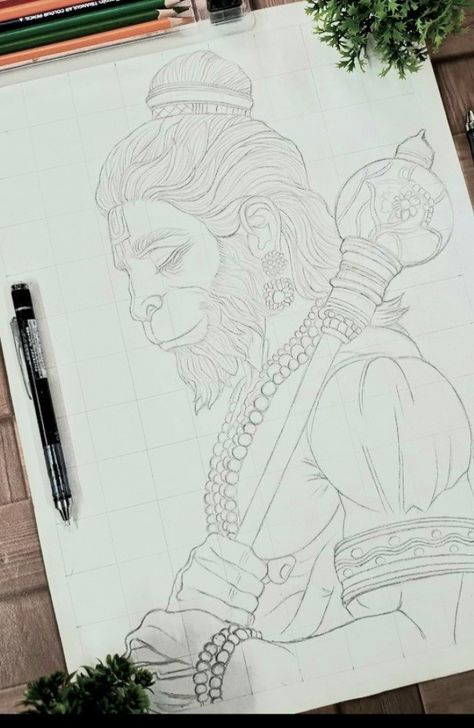 Hanuman Ji Drawing Pencil Colour, Hanuman Ji Face Drawing, Hanuman Face Sketch, Shankar Bhagwan Drawing, Drawing Of Hanuman Ji, Ganesh Ji Pencil Sketch, Traditional Drawing Indian, God Drawing Hindu, Hanuman Sketch