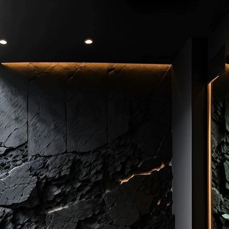 Black Stone Wall, Fake Stone Wall, Thailand Design, Journal Creative, Stone Walls Interior, Stone Wall Design, Black Rooms, Room View, Black Interior Design