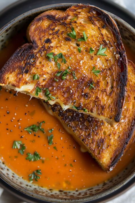 Grilled Cheese and Tomato Soup is a delicious and comforting choice for any mealtime! 🥪🍅 Made with melty cheese and rich, flavorful tomato soup, this classic combo is a delightful blend of creamy and savory flavors. Quick to prepare and bursting with hearty goodness, Grilled Cheese and Tomato Soup is perfect for a cozy lunch or dinner. Indulge in this warm twist on a classic favorite today! 😋🌿 #GrilledCheeseAndTomatoSoup #ComfortFood #HeartyMeals #ClassicFavorites Tomato Soup Pictures, Cozy Dinners Comfort Foods, Tomato Soup And Grilled Cheese Aesthetic, Tomato Bacon Soup, Cozy Soup Aesthetic, Sandwich And Soup Combo, Feel Good Dinner, Cozy Winter Food, Grilled Cheese Aesthetic