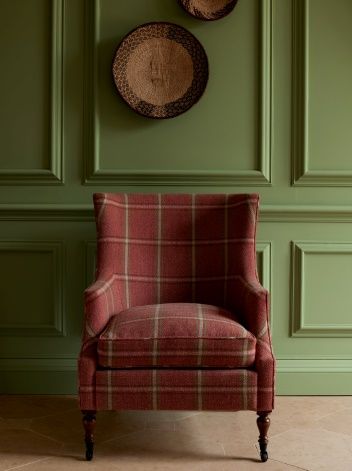 Fen Plaid, tomato - Cowtan & Tout Design Library Tartan Chair, Plaid Chair, Cottage Chairs, Colefax Fowler, Plaid Sofa, Colefax And Fowler, Living Room Red, Red Chair, High Back Chairs