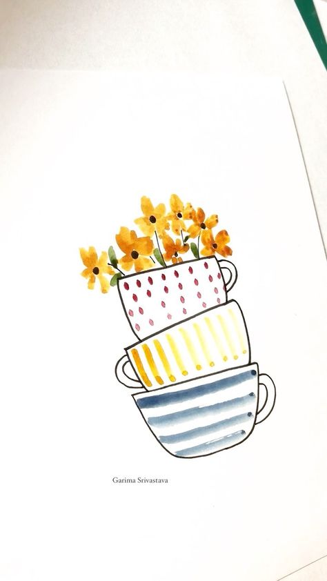 Watercolour Coffee Cup, Watercolor Crafts To Sell, Painting With Watercolors For Beginners, Watercolor With Pen Outline, Trendy Crafts For 2024, Pen And Watercolor Art, Cute Art Designs, Fun Things To Paint, Basic Watercolor Painting