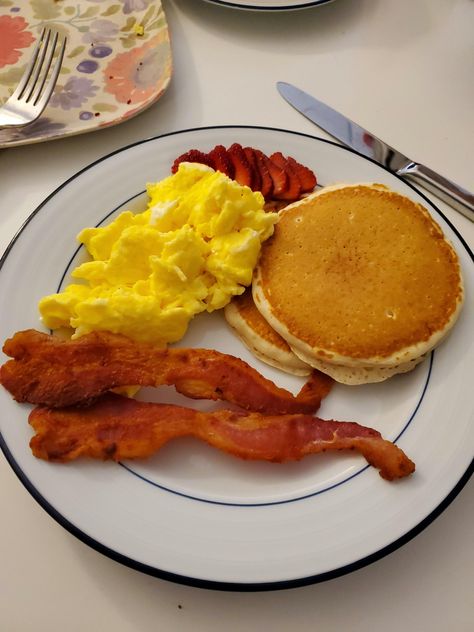 I made breakfast this morning: Pancakes Scrambled Eggs and Bacon [homemade] #food #foods Pancakes And Scrambled Eggs, Bacon And Scrambled Eggs, Pancakes Eggs And Bacon Breakfast, Making Breakfast Aesthetic, Mcdonald Breakfast, Pancakes Bacon And Eggs, Pancakes Breakfast Ideas, Scrambled Eggs Breakfast, Pancakes With Bacon