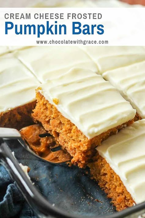 Pumpkin Bars with Cream Cheese Frosting Cream Cheese Frosted Pumpkin Bars, Easy Pumpkin Bars, Pumpkin Bars With Cream Cheese, Bars With Cream Cheese Frosting, Bars With Cream Cheese, Pumpkin Recipes Easy, Pumpkin Recipe, Fall Desserts Easy, Pumpkin Bars