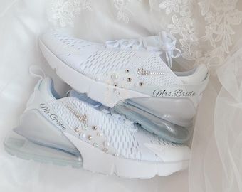 Wedding Nike, Nike Air Max 270 Blue, Wedding Tennis Shoes, Wedding Sneakers For Bride, Bride Sneakers, Wedding Shoes Sneakers, Custom Wedding Shoes, Pearl Wedding Shoes, Bridal Sneakers