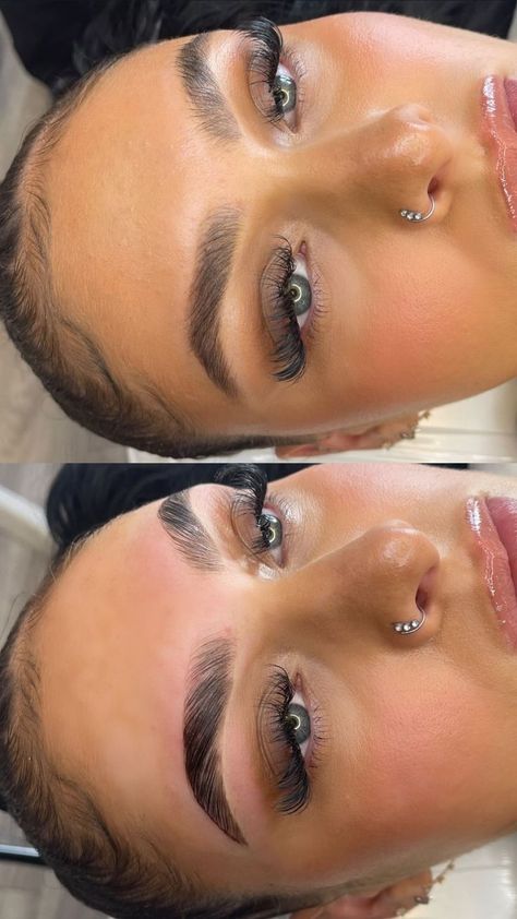 Brow Lamination, before and after, Eyebrow Tint Brow Lamination Makeup Look, Thick Laminated Brows, Eye Brown Lamination, Brow Lamination Thick Brows, Brow Lamination Before And After Thick Brows, Lash And Brow Lamination, Eyebrow Lamination Black Women, Bro Lamination, Laminated Eyebrows Black Women