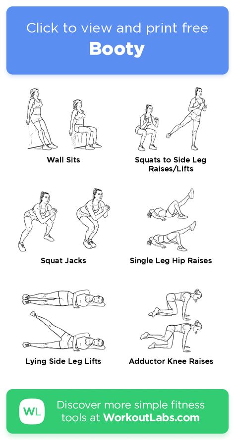 Free workout: Booty – 1-min glutes, legs exercise routine. Try it now or download as a printable PDF! Browse more training plans and create your own exercise programs with #WorkoutLabsFit · #GlutesWorkout #LegsWorkout Beginner Leg And Glute Workout At Home, Printable Glute Workout, 10 Minute Leg And Glute Workout, Leg And Boot Workout Home, Bootywork At Home, Legs Exercise, Workout Labs, Hip Raises, Gym Workout Plan For Women