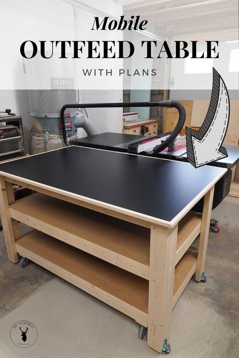 Fabrication Table, Woodworking Plans Workbench, Outfeed Table, Table Saw Workbench, Building A Workbench, Mobile Workbench, Workbench Plans Diy, Diy Table Saw, Woodworking Shop Layout