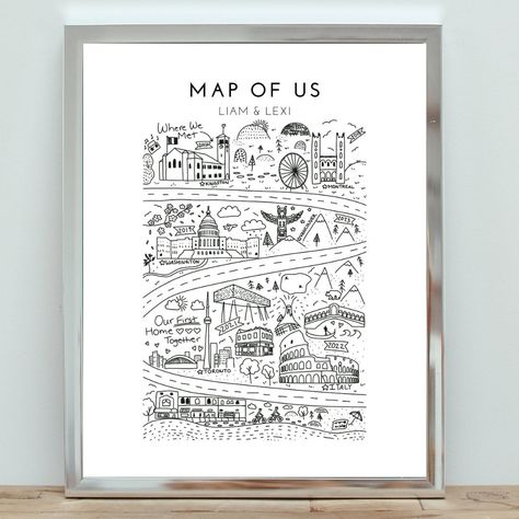 CUSTOM DIGITAL PRINT // Map of Our Love ❤️ Build the ultimate relationship map with this hand-illustrated depiction of all the places your love has taken you! The perfect gift for your significant other or a lucky couple in your life! ✏️ 100% custom - no two maps are alike! For a faster turnaround time (receive your final draft in as little as 10 days! ⏰) purchase this listing as an add-on: https://lexikosterprintables.etsy.com/listing/1726914660 Because each map is made specially for you, you g Diy Anniversary Gifts For Her, Customized Gifts For Boyfriend, Relationship Map, Map Anniversary Gift, Invitation Illustration, Home Map, Cute Anniversary Gifts, First Wedding Anniversary Gift, Aniversary Gifts