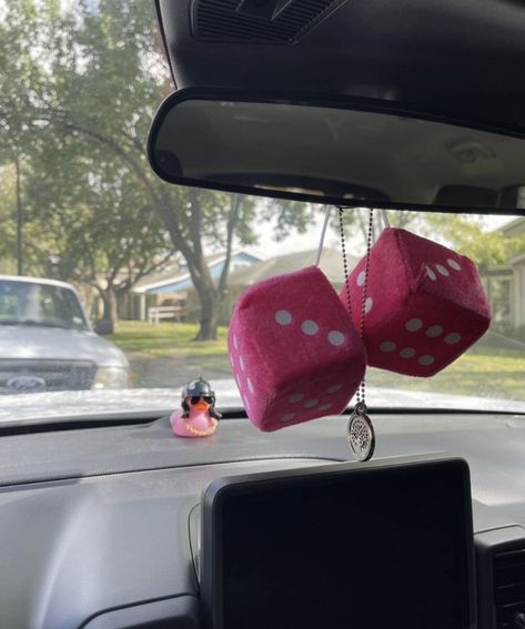 Pink Dice For Car, Fuzzy Dice Car Aesthetic, Fuzzy Dice For Car, Dice For Car, Hello Kitty Decals, Teenage Goals, Uni Checklist, 20th Birthday Presents, Decorations For Car