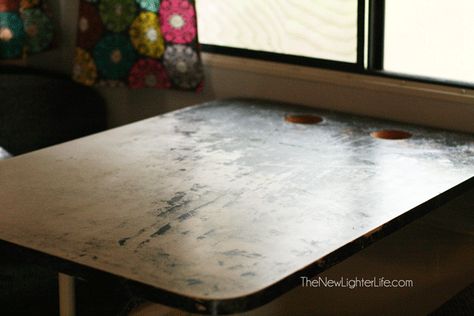 When we did the complete remodel of our 96' Winnebago camper, we opted to paint our dinette table. But that didn't turn out so well and we learned by error Camper Table Redo, Camper Table Remodel, Table Remodel, Rv Remodel Ideas, Camper Table, Rv Windows, Table Redo, Dinette Table, Vintage Camper Remodel