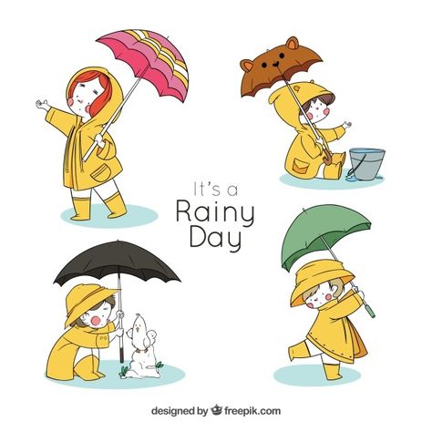 Rain Cartoon, Rainy Day Drawing, Cute Drawings Of People, Rain Illustration, Umbrella Illustration, Children's Book Characters, Watercolour Ideas, Cute Umbrellas, Kids Umbrellas