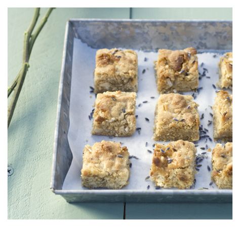 Lavender blondies Blondie Recipe, White Chocolate Brownies, Lavender Products, White Chocolate Blondies, Cooking With Essential Oils, Lavender Recipes, Culinary Lavender, Blondies Recipe, San Juan Island