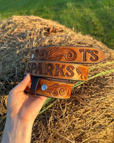 Custom fully tooled western scrolls belt! @aldenleathersupply AMAZING letters Also first time using grommets for the belt holes which is a new found simple task which increases durability greatly!! Place your custom orders today! - - - - - - - #western #leather #westernstyle #westernlife #westernwear #westernlifestyle #leathergoods #leatherbelt #leathertools #leathertooling #westernfashion Tooled Leather Belts Mens, Tooled Leather Belts, Western Life, Western Leather, Tooled Leather, Leather Belts, Leather Tooling, Western Wear, Western Fashion