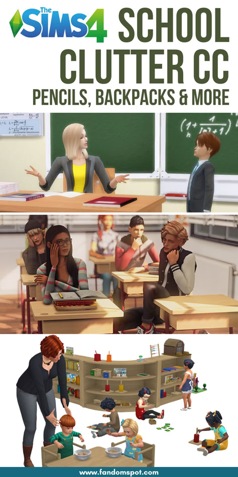 Need some decor Sims or clutter to add into your classroom build? This list has all the free CC you need for beautiful schools - from elementary to high school and beyond, peep the full list and snag your favorite CCs! High School Build Sims 4, Sims 4 Cc School Desk, Sims 4 Cc High School Furniture, Ts4 Highschool Cc, Sims 4 High School Cc Patreon, Sims Highschool Cc, The Sims 4 Highschool Years Cc, Highschool Years Sims 4, Sims 4 School Furniture