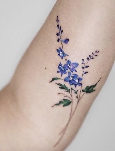 Delphinium Tattoo, Sarah Tattoo, Honeysuckle Tattoo, Larkspur Tattoo, Flower Vine Tattoos, Virgo Tattoo Designs, Magic Runes, Flower Wrist Tattoos, Wildflower Tattoo