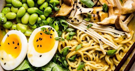 Coconut Curry Ramen Recipe | The Modern Proper How To Cook Edamame, Coconut Curry Ramen, Coconut Curry Vegetarian, Dinner Spring, Best Mushroom Recipe, Curry Ramen, Coconut Curry Soup, The Modern Proper, Spring Food