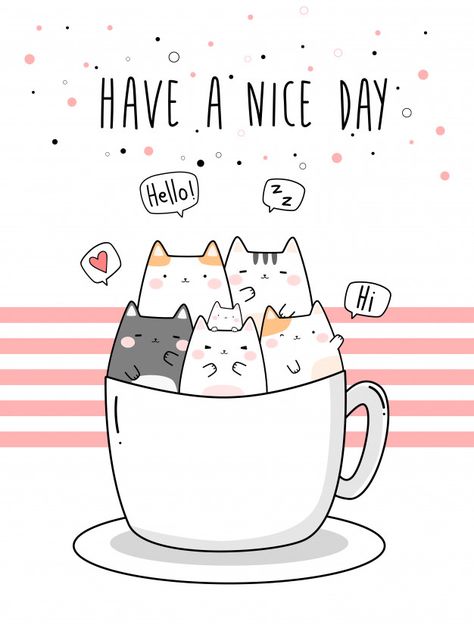 Cute chubby cats sitting in cup cartoon doodle Premium Vector Good Morning Cat Drawing, Doodle Simple Cute, Good Morning Art, Cats Sitting, Cup Cartoon, Josephine Wall, Doodle Vector, Cartoon Doodle, Cat Doodle