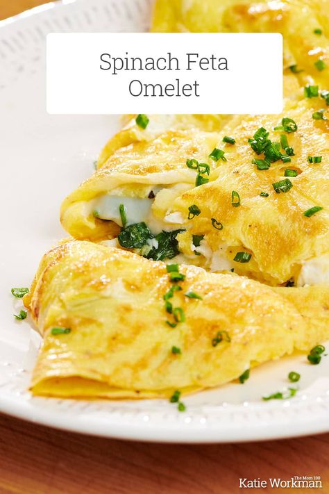 Spinach and Feta Omelet Recipe: Lightly sauteed spinach and crumbled feta make a creamy, colorful and delicious omelet filling. #omelet #omelette #breakfast #brunch Savory Omelette Recipe, Omelette Recipe Spinach, Spinach Egg Omelette Recipe, Spinach Feta Omelette Recipe, Spinach Omlet Recipes Easy, Spinach And Feta Omelette, Feta Cheese Omelette, Omelettes Recipe, Healthy Omelette Recipe