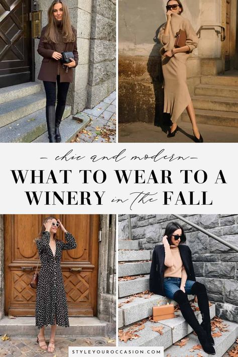 Wondering what to wear to a winery in the fall (or winter)? Get chic, modern, and casual ideas for fall winery outfits (or wine tasting and wine tour outfit ideas in the cold months). Everything from dresses, to leather leggings, jeans, boots, jacket, and more! Wine Tour Outfit Winter, Vineyard Outfits Fall, Wine Tasting Fall, Fall Wine Tasting Outfit, Fall Wine Tour, Wine Festival Outfit, Fall Winery Outfits, Wine Country Outfit, Wine Tour Outfit