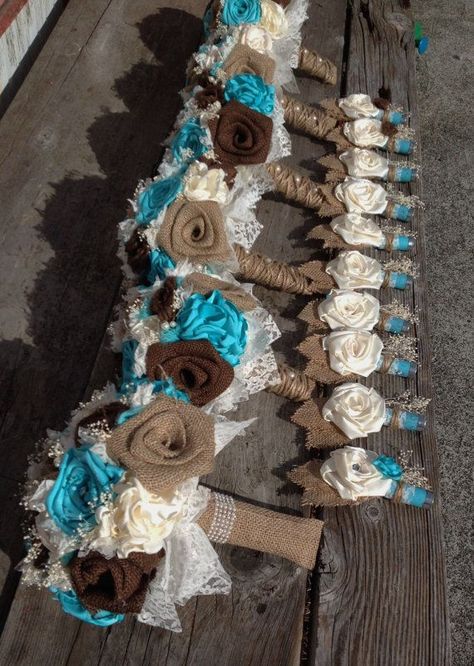 Handmade bridal bouquets with natural and chocolate brown burlap and light teal blue silk flowers(listing is for one bridal bouquet) Flower Girl Bouquet, Country Wedding Ideas, Camo Wedding, Teal Wedding, Turquoise Wedding, Brown Wedding, Burlap Wedding, Mom Wedding, Cute Wedding Ideas