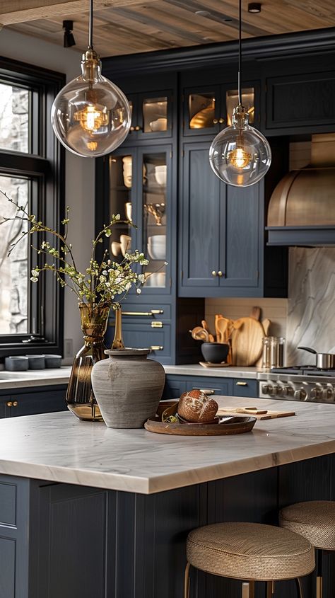 Looking to refresh your kitchen with a splash of color? Discover the 24 best blue kitchen design ideas to inspire you! From serene navy tones to vibrant cobalt accents, these ideas will help you create a stylish and inviting culinary space. 💙🍽️ #BlueKitchen #KitchenDesign #Kitchencolor Navy Grey Kitchen Cabinets, Blue Black Interior Design, Navy Blue Kitchen Walls Oak Cabinets, Peacock Blue Kitchen Cabinets, Navy Blue Kitchen Cabinets Farmhouse, Moody Blue Kitchen, Blue Walls In Kitchen, Navy Kitchen Ideas, Cobalt Kitchen