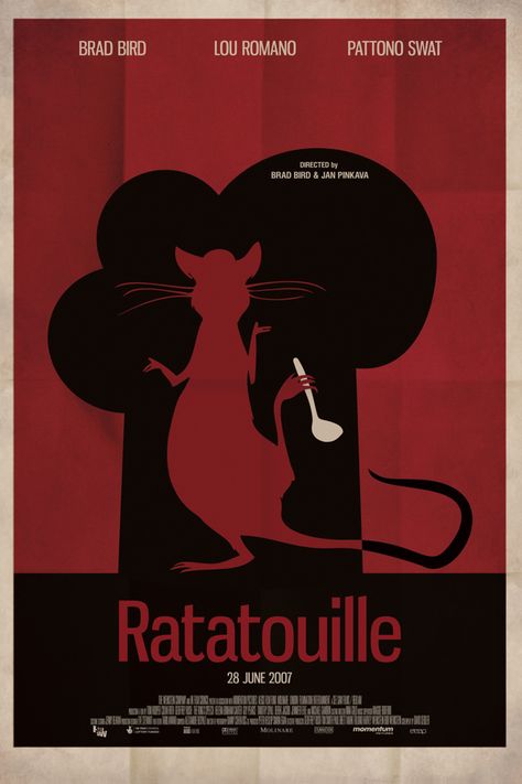 Movie posters by Milya Ptitsyna, via Behance Ratatoullie Poster, Movie Posters Artwork, Ratatouille Poster Vintage, Film Poster Drawing, Vintage Style Movie Posters, Painted Movie Posters, Redesigned Movie Posters, Movie Poster Redesign, Minimal Movie Posters Minimalist Design