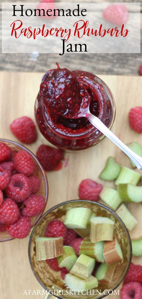 This delicious and easy to make homemade jam is made with raspberries, rhubarb, sugar, lemon juice, and pectin. Raspberry and rhubarb are flavors that go so well together. Raspberry Rhubarb Jam with pectin is sweet and tart for the perfect homemade jam recipe.  #raspberryrhubarbjam #raspberryjam #jam #preserves #homecanning #raspberry #rhubarb #recipe Raspberry Rhubarb Jam No Pectin, Blackberry Rhubarb Jam, Rhubarb Raspberry Recipes, Jam Baking Recipes, Rhubarb Jelly Recipes, Rhubarb Jam With Pectin, Jam With Pectin, Raspberry Rhubarb Jam, Jam Preserves