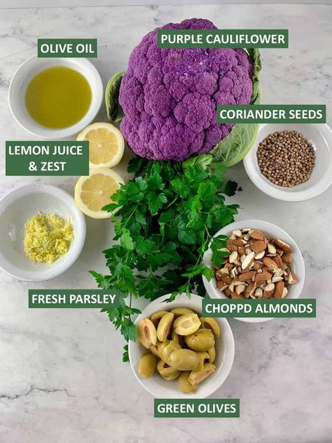 Purple Colliflower Recipes, Purple Cauliflower Salad, Purple Cauliflower Recipe, Purple Cauliflower, Cauliflower Dishes, Cauliflower Salad, Olive Relish, Green Olives, Coriander Seeds