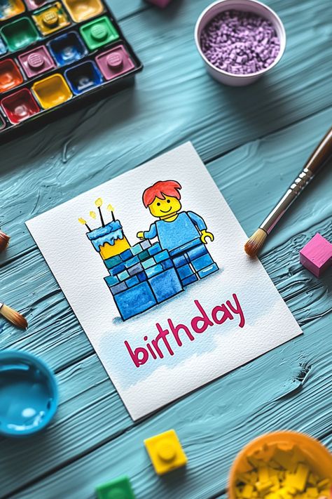 A Lego-themed watercolor happy birthday card design with a cute character and cake. Lego Happy Birthday, Birthday Watercolor Card, Aesthetic Happy Birthday, Happy Birthday Drawing, Lego Birthday Cards, 24 Aesthetic, 25 Aesthetic, Happy Birthday Drawings, Birthday Drawing