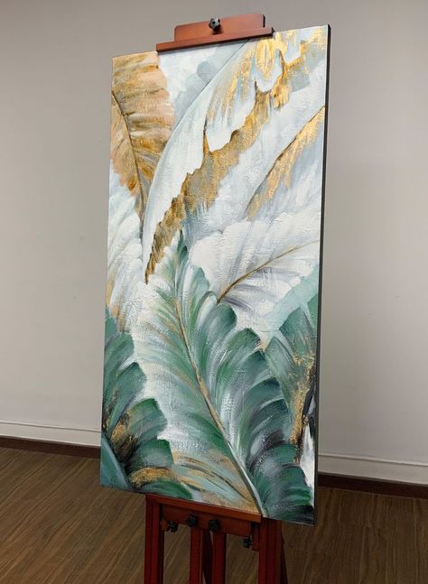 A botanical painting with monstera leaves ,100% Paintbrush/Knife hand-painted Acrylic Leaves Painting, Fluid Acrylic Painting Techniques, Abstract Leaf Painting, Leaves Painting Acrylic, Modern Painting Ideas, Abstract Leaves Painting, Leave Painting, Painting With Leaves, Home Art Ideas