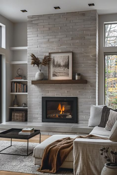 40 Chic Gray Brick Fireplace Ideas for a Cozy Home Brick Wall With Fireplace, Fireplace Mantel Decor With Tv, Gray Brick Fireplace, Mantel Decor With Tv, Fireplace In Dining Room, Fireplace Updates, Brick Fireplace Ideas, Hampstead House, Grey Stone Fireplace