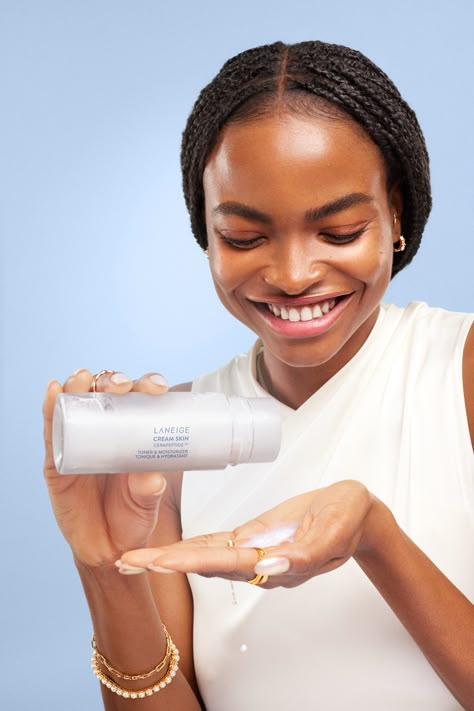 Pour, Press, Pat the Cream Skin Cerapeptide™ Toner & Moisturizer into your skin for intense moisture Available @Sephora @amzon and on us.laneige.com #Laneige #CreamSkinCrew #Toner #Moisturizer #Glassskin #Skincare Dr Whitney Bowe, Glowy Glass Skin, Skincare Moodboard, Ideas For Skin Care, Skincare Model, Skincare Products Photography, Skin Care Toner Products, Skin Model, Art Photography Portrait