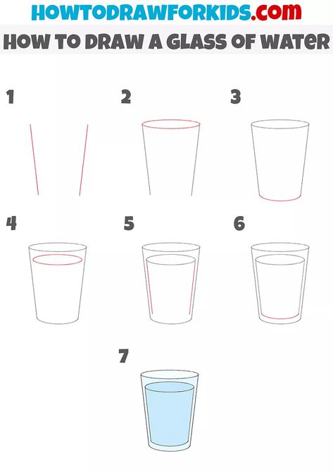 How to Draw a Glass of Water - Easy Drawing Tutorial For Kids Drawing Glass Of Water, Glass Of Water Drawing Easy, How To Draw A Glass Of Water, Glass Drawing Tutorial, Cup Of Water Drawing, Glass Of Water Drawing, Spoon Drawing, Water Poster, Water Drawing