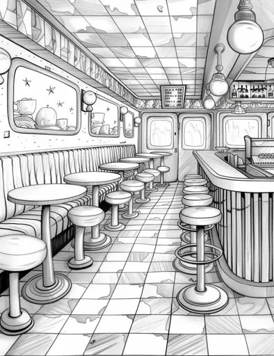 ↑↑↑ Larger size on website 🔸 A black and white illustration of a diner interior. The diner has a long counter with stools and a r 🔸 From Midjourney AI Image American Diner Interior, Diner Drawing, Counter With Stools, Diner Illustration, Stars On The Ceiling, Diner Interior, Classic American Diner, 50s Diner, Retro Diner