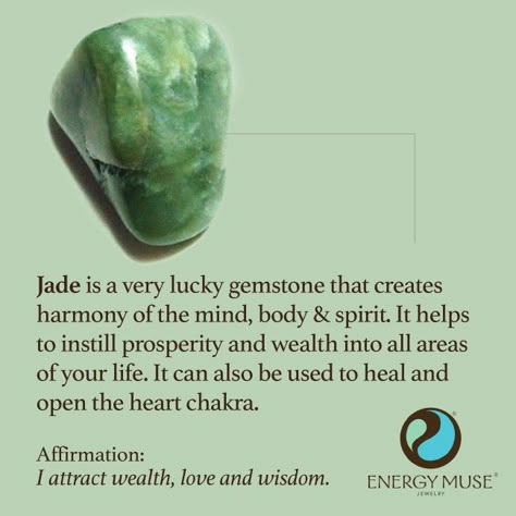 Jade is a lucky gemstone that creates harmony of the mind, body and spirit. It helps to instill prosperity and wealth into all areas of your life. #jade #crystals #healing Gemstones Meaning, Energy Muse, Spiritual Crystals, Crystal Therapy, Mind Body And Spirit, Crystal Healing Stones, Crystal Magic, Micro Macramé, Mind Body Spirit