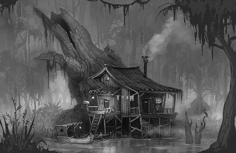 Swamp House, Bayou House, Witch Hut, Witches House, Scary Witch, Witch Cottage, House Sketch, Fish House, Location Inspiration