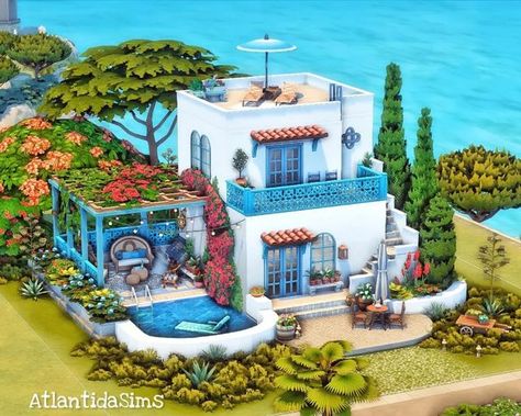 Sims 4 Houses Layout, Greek Villa, Moroccan Houses, Sims 4 Challenges, Greek Villas, Sims 4 House Plans, Sims 4 House Building, Greek House, Outside Furniture