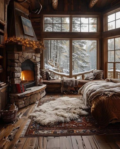 Romantic Cabin Bedroom, Old Cabin Interior, Cozy Cabin Bedrooms, Cozy Lodge, Log Cabin Rustic, Storybook Homes, Cabin Bedroom, Christmas Decoration Ideas, Luxury Christmas