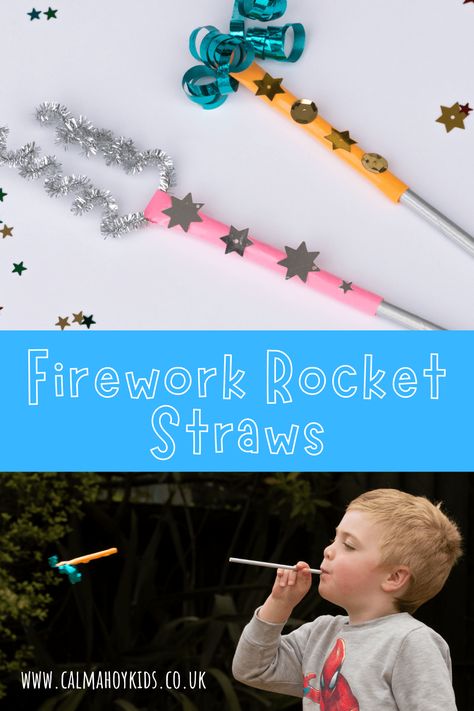 Firework Rocket Straws: Breathing Activity Craft for Kids - Calm Ahoy Kids Bonfire Crafts For Kids, Fireworks For Kids, Rocket Fireworks, Bonfire Night Activities, Bonfire Night Crafts, Straw Activities, Make A Rocket, Fireworks Craft For Kids, Rocket Craft